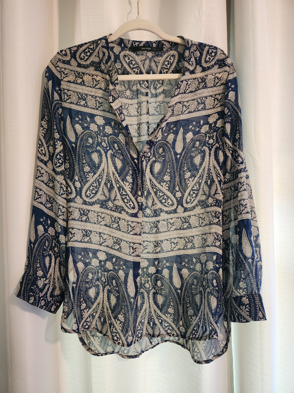 Fun 2 Fun Paisley Sheer Long Sleeve V-Neck Blouse, Size L